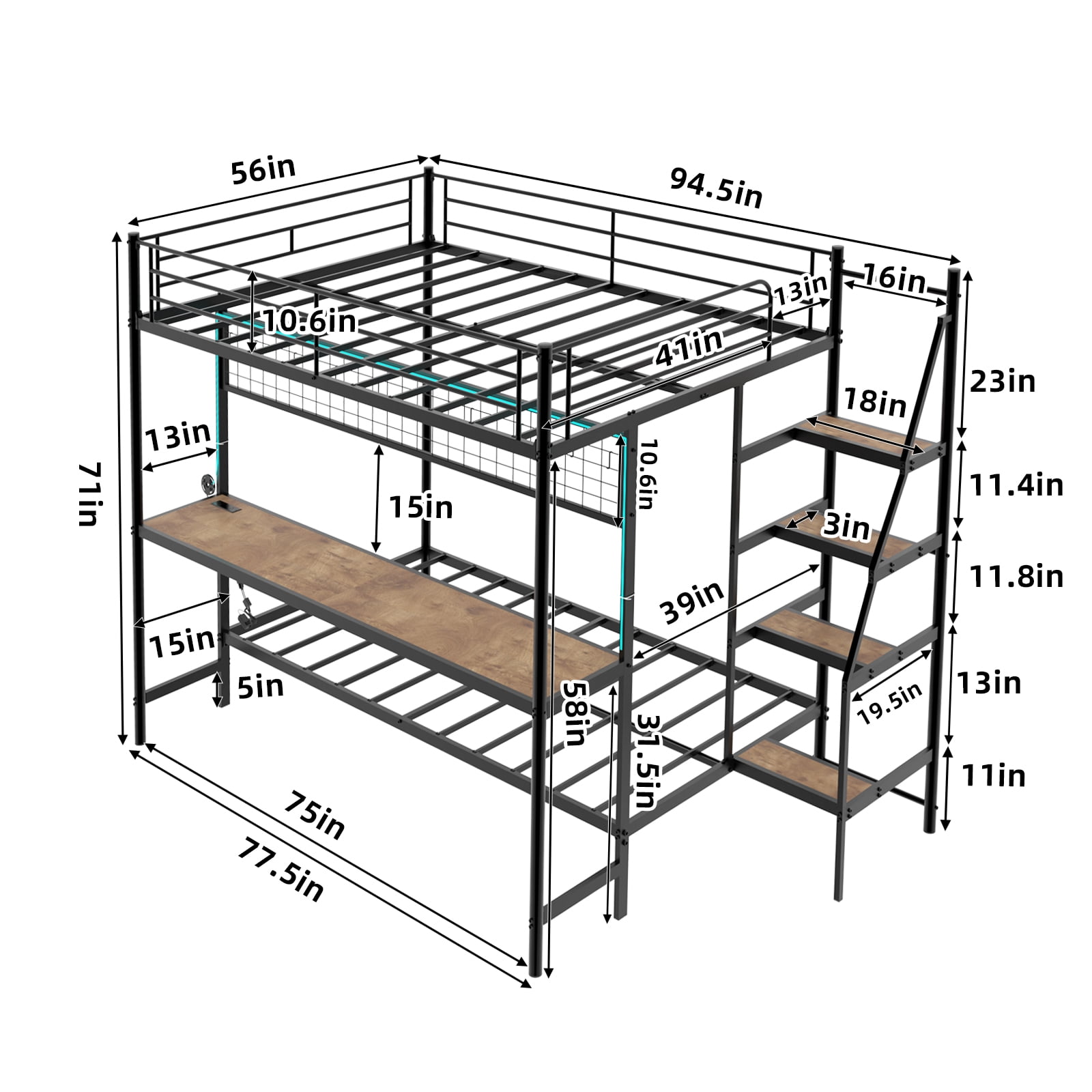 Mintazer Twin Over Twin Metal Bunk Bed with Desk, LED Light & Power Outlet, Bunk Bed Frame with Guardrails and Ladder for Kids Teens Bedroom Dorm Apartment, Black