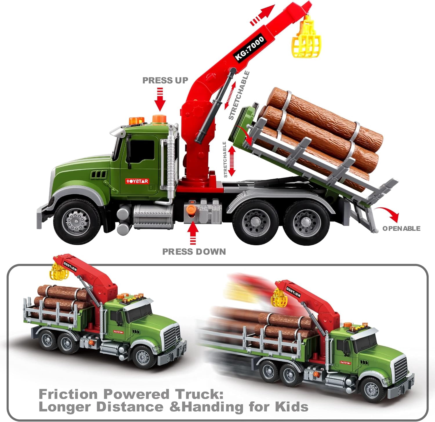 NDTOYS Kids Toys for 3 4 5 6 7 Years Old Boys,15" Large Timber Truck with Loading Crane and 6 Trunks,Birthday Gifts for Boy Toddler Child