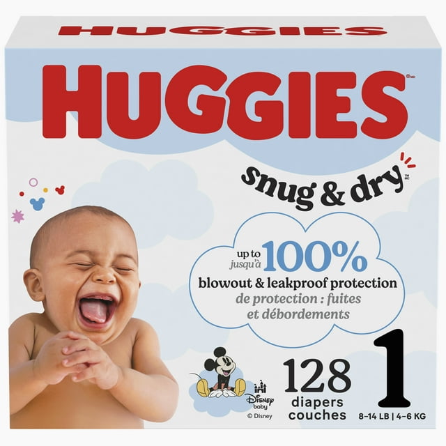Huggies Snug & Dry Baby Diapers, Size 1 (8-14 lbs), 128 Ct