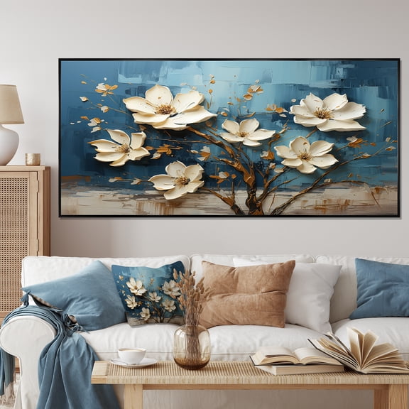 Designart "Orchid Garden Blue and White Tree V" Extra Large Floral Framed Wall Art - Modern Farmhouse Gold Abstract Floral Bedroom Framed Canvas Wall Art