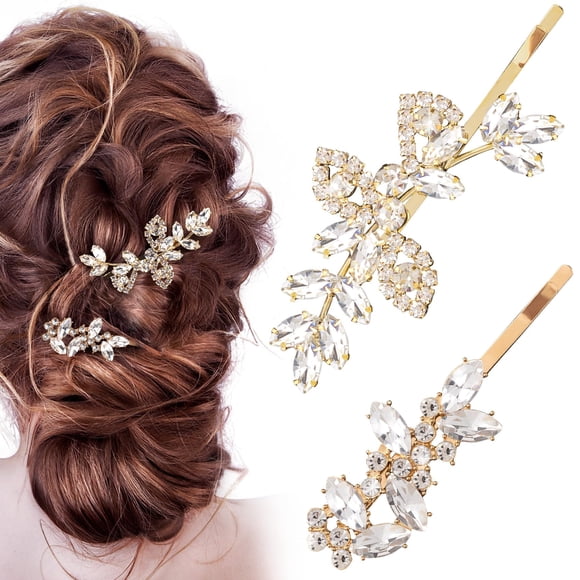 CustomyLife 4 pinzas para el pelo con diamantes de imitación dorados, 2 estilos, horquillas de cristal para novia, pasadores de boda franceses, accesorios para mujeres y novias