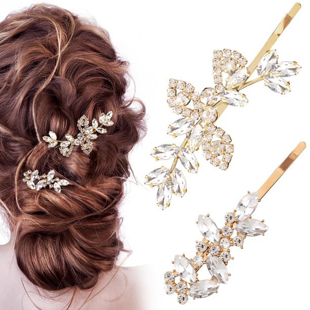 CustomyLife 4 pinzas para el pelo con diamantes de imitación dorados, 2 estilos, horquillas de cristal para novia, pasadores de boda franceses, accesorios para mujeres y novias