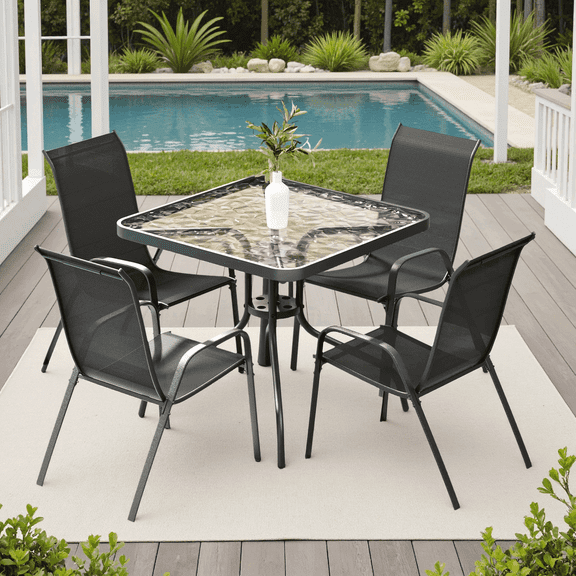 Arlopu 5-Piece Outdoor Patio Dining Set with Square Table & 4 Textilene Chairs, Black