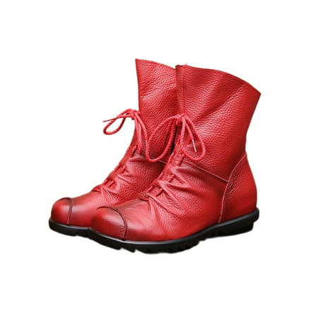 

UKAP Women Work Casual Leather Ankle Boots Walking Anti-Slip Lace Up Booties Mid Calf Winter Shoes Red Plush Lined 8