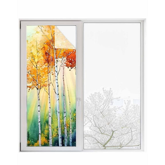 Window Privacy Film Orange Green Trees Stained Glass Window Film Decorative Sun Block Window Cover Watercolor Chic Beanch Leaf Window Clings Static Adhesive Sticker for Bathroom 23.6"x59"
