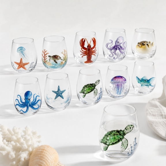 Artisanal Marine Animal Stemless Wine Glass, 9D Ocean Fantasy Embossed Glassware, Handcrafted Coastal Bar Tumbler, Decorative Home Gift For Ocean Lovers