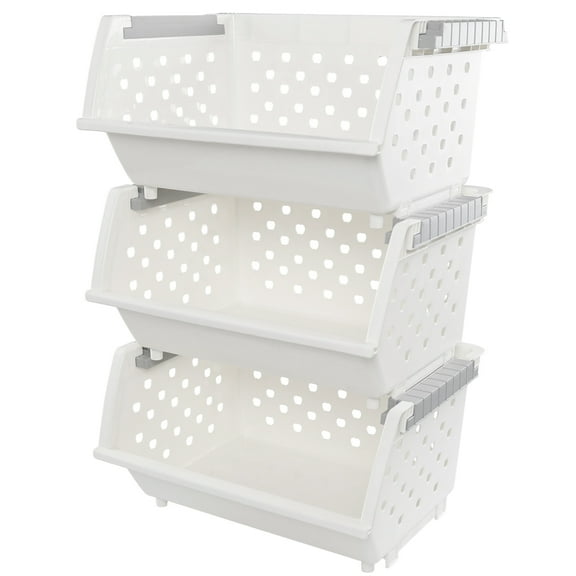 Doryh 3-tier Plastic Open Front Stacking Storage Basket/Bin, Large Size, White