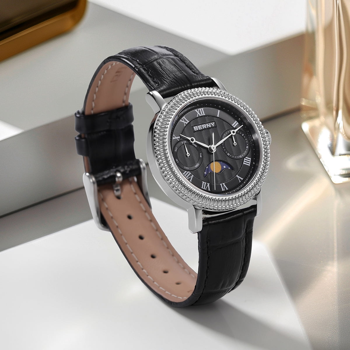 BERNY Womens Leather Watch, Vintage Roman Numerals Luxury Moon Phase Watch with Day & Date, Stainless Steel, Sapphire Crystal, Waterproof, Fashion Dress Analog Quartz Wrist Watches for Women (Silver)