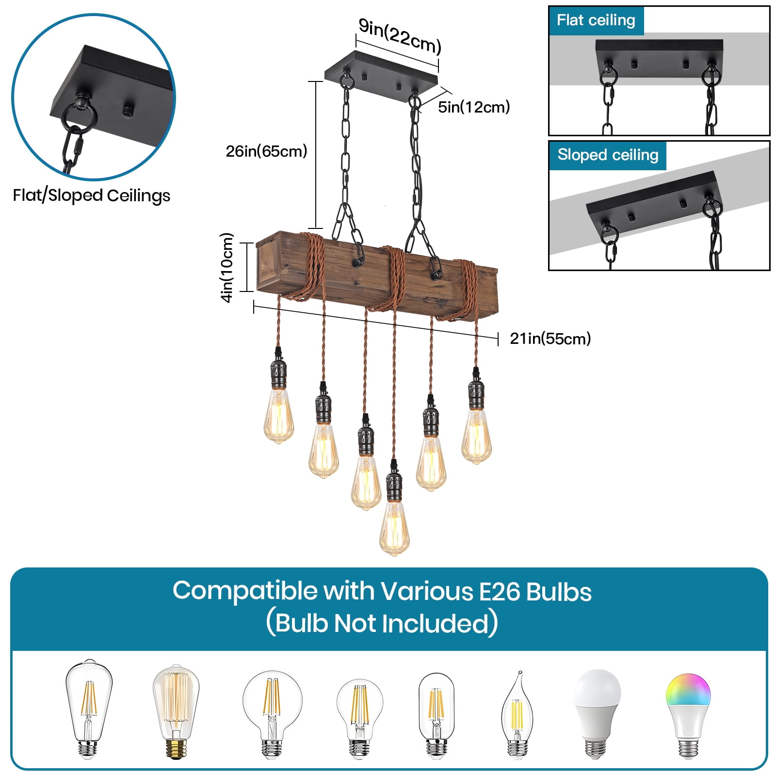 6-Light Farmhouse Chandelier Dining Room Light Fixture Over Table Hanging Wood Kitchen Island Light Fixtures, Black Chandelier Ceiling Pendant Light for Kitchen Island Living Room