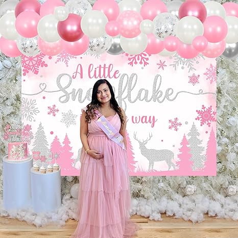 Snowflake Baby Shower Decorations, A Little Snowflake Is On The Way Backdrop Cake Topper Balloon Garland Arch Kit Tablecloth Pink for Girls Winter Baby Shower Party Supplies
