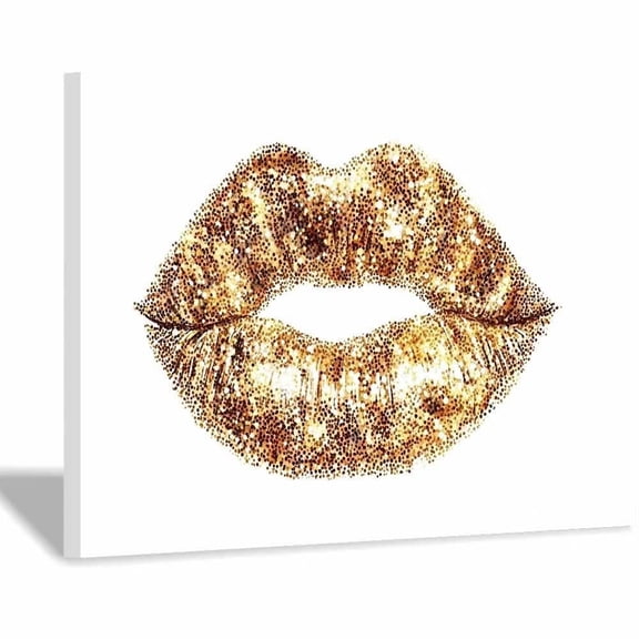 Mudket Gold Lips Canvas Wall Art, Framed Glam Wall Decor for Bedroom Bathroom, Trendy Fashion Wall Art for Women, Ready to Hang - 12"L x 8"W