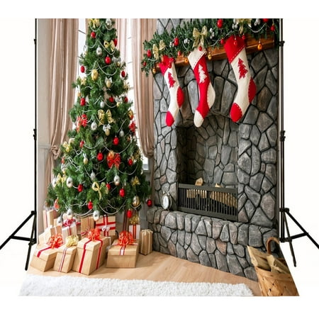 Image of GreenDecor Christmas Photo Background 5x7ft Red and White Socks Grey Stone Fireplace with Bling Christmas Trees Backdrop for Party s