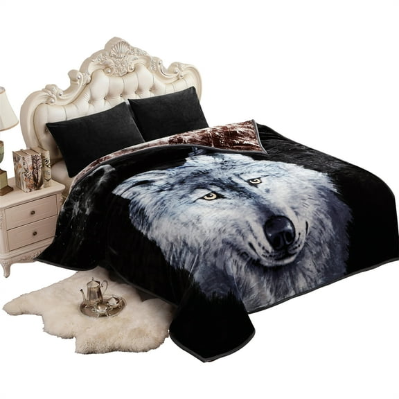 NC Thick Fleece Blanket - 2 Ply Reversible 520GSM Soft Plush Blanket Queen 75"x87",Wolf
