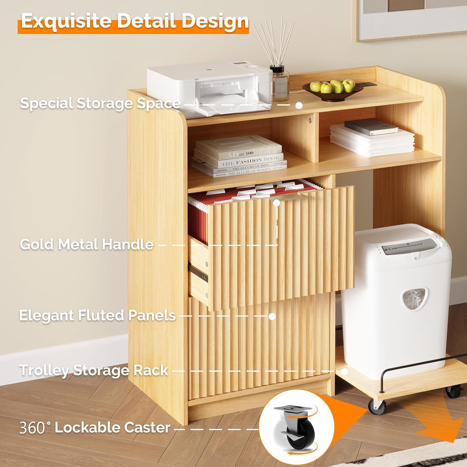 Ktaxon Wood 2 Drawer File Cabinet with Cart Charging Station Dresser Office Cabinet, Wide Printer Paper Shredder Stand with Storage Shelves for Home Office Study