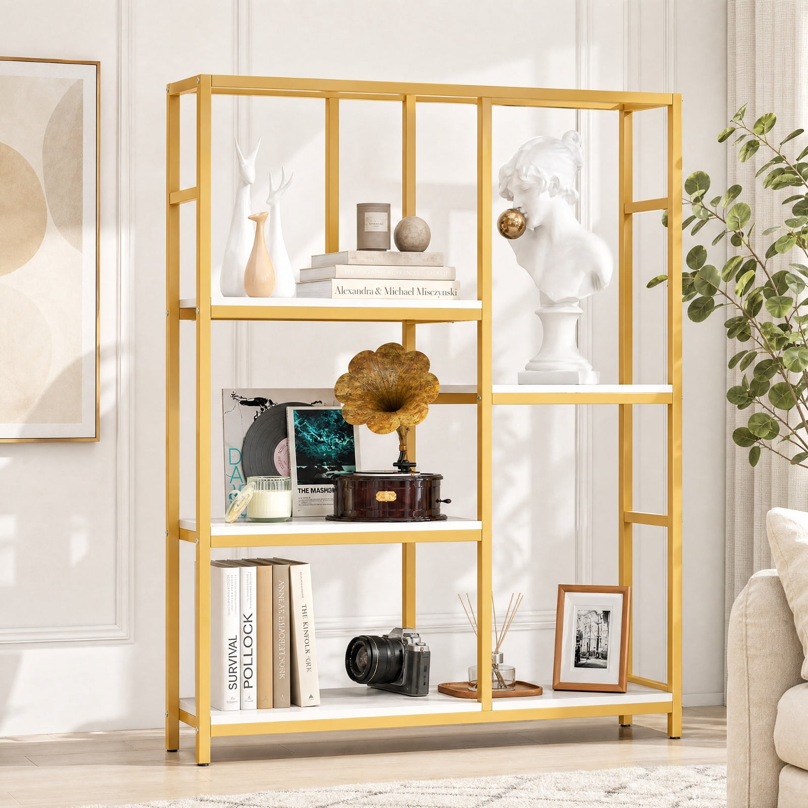 Furnibear 71 Inch Tall Bookshelf Metal Frame 5-Tier Geometric Bookcase-White & Golden for Living Room Home Office Bedroom Display Storage Shelf, White