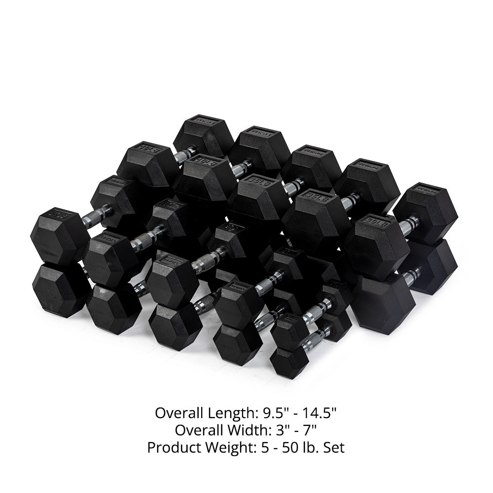 Titan Fitness Rubber Hex Dumbbells, 5 LB-50 LB Set of Pairs, Roll-Resistant Hexagonal Free Weights