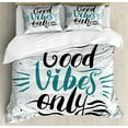 thumbnail image 1 of Good Vibes Duvet Cover Set Queen Size, Stylized Hand Letters Calligraphy Dots Wavy Lines and Little Heart Modern, Decorative 3 Piece Bedding Set with 2 Pillow Shams, Teal Black Beige, by Ambesonne, 1 of 3