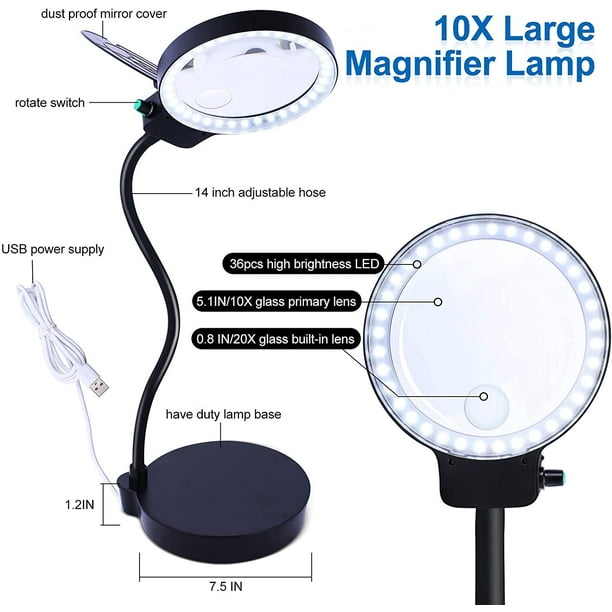 Magnifying Glass with 36 LED Lights 10X 20X Magnifying Lens Desk Lamp  Adjustable Gooseneck Table and Desk Lamp USB Powered Magnifier for  Soldering, Assembly, Repair, Workshop, Hobbies(Black) 