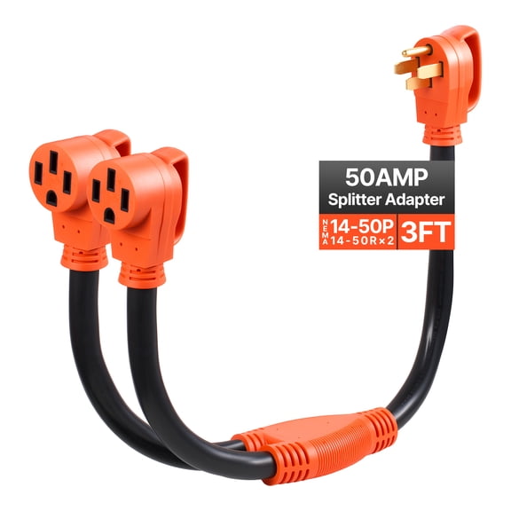 VEVOR Y Splitter Adapter Cord, 50 Amp NEMA 14-50, 4 Prong 240V Splitter for RV and EV, NEMA 14-50P to Dual 14-50R Outlets with Grip Handle,Heavy Duty 6/3 8/1 STW Wire, Outdoor RV Power Extension Cord