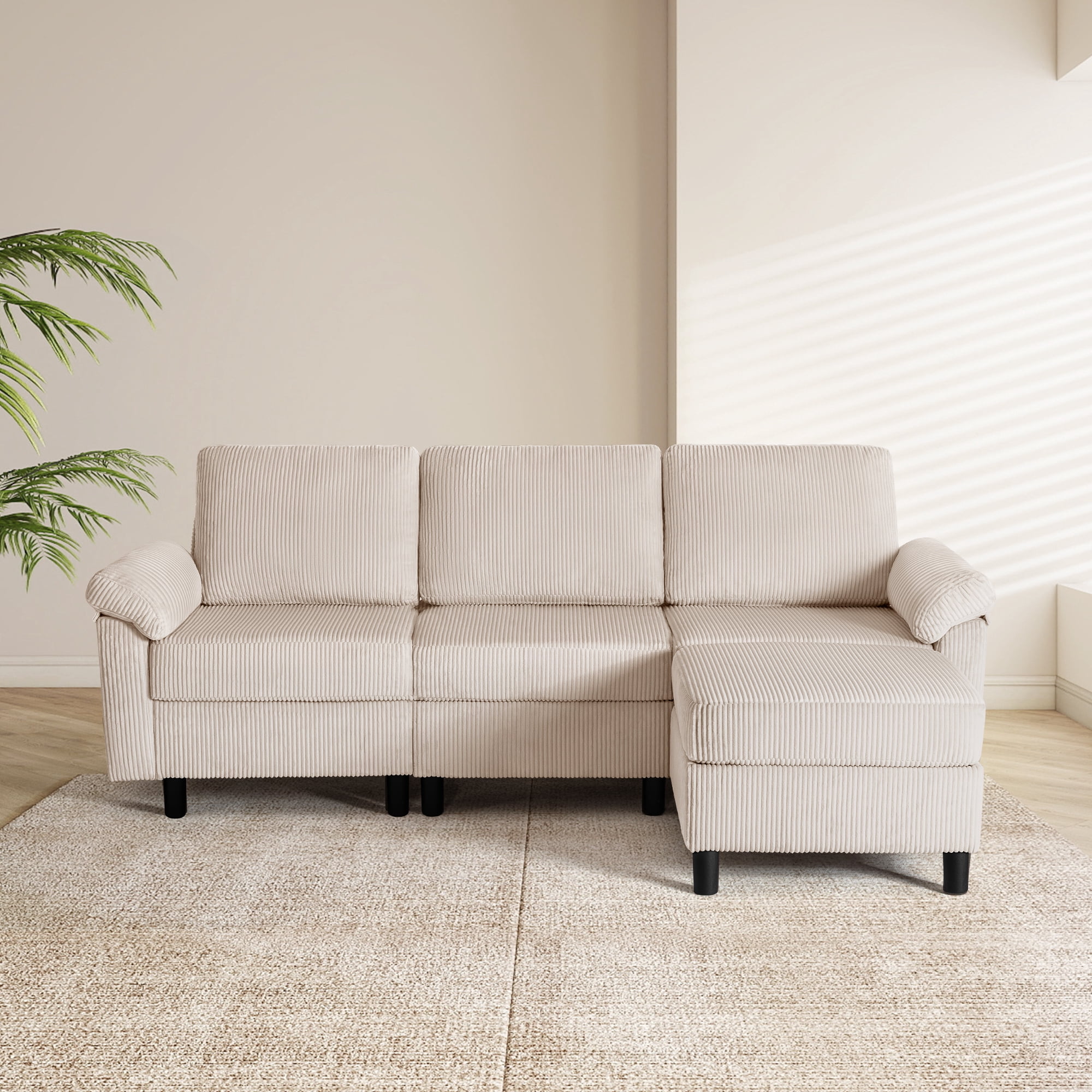 SAETSFEG Sectional Sofa, L-Shape 3-seat Couch with Movable Ottoman, Modern Storage Modular Sofa for Living Room,Beige