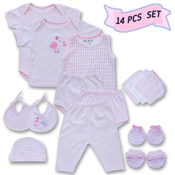 Baby Bright Newborn Essentials Baby Girl Outfits – 14pcs Baby Gift Set 0-3 Months, Newborn Baby Essentials, Baby Shower Gifts, Baby Mittens, Soft Baby Washcloths