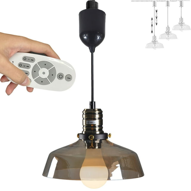 FSLiving Retractable Lift Droplight H-Type Track Light Brown Glass Shade with 2.4GHz 3-Zone Remote Control Stepless dimming Auto Retractable Dimmable Track Mount for Family Room - 1 Light