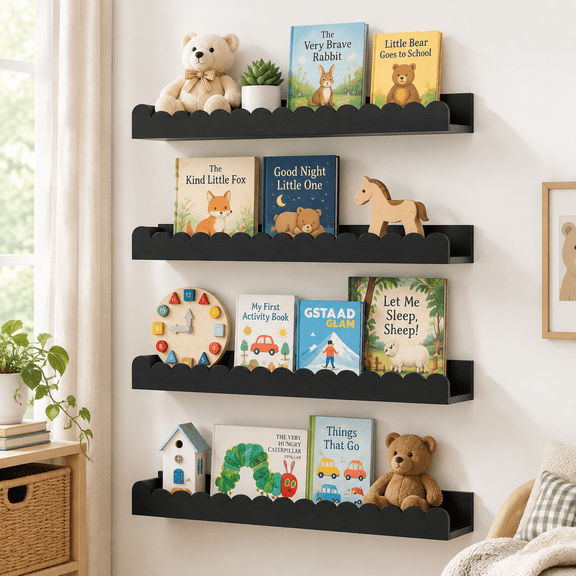 Black Scalloped Floating Wall Shelves, Solid Pine Wood, Set of 4