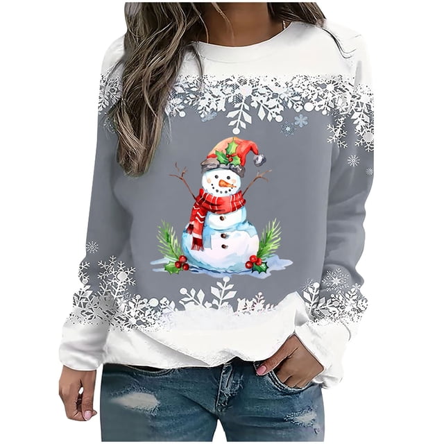 lcziwo Offres Prime Chandails de Noël pour Femmes avec Bonhomme de Neige, Chandails à Imprimé Flocon de Neige de Noël, Chandail Bonhomme de Neige pour Femmes à Manches Longues Col Rond Hauts des Fêtes 2024 Gris, TTG