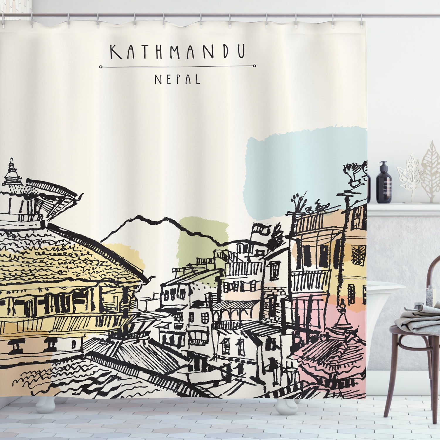 Nepal Shower Curtain, Hand Drawn Temples of Durbar Mountains and