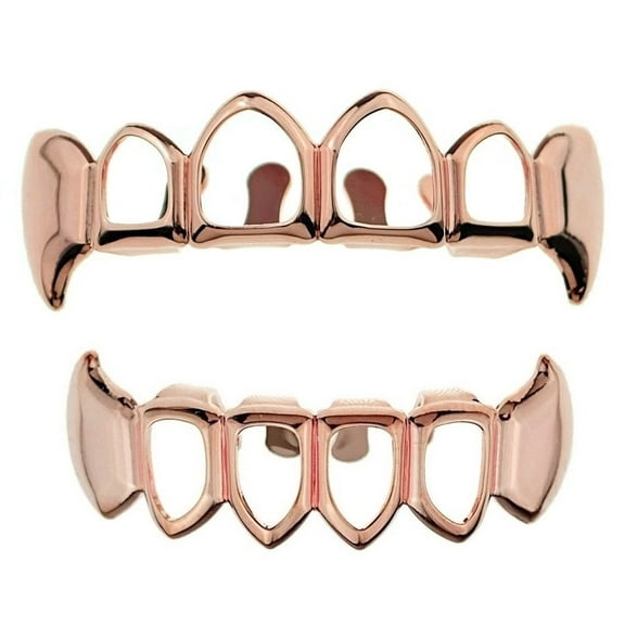 14K Rose Gold Plated Grillz Fang Set Upper Top And Bottom Lower Fangs 4 Four Open Face Teeth Hip Hop Vampire Grills
