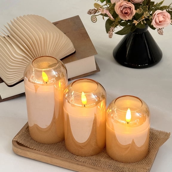 Goyuon Gold Flameless LED Pillar Candles, Battery Operated, Remote, Timer, Realistic Flickering Flame, 3 Pack