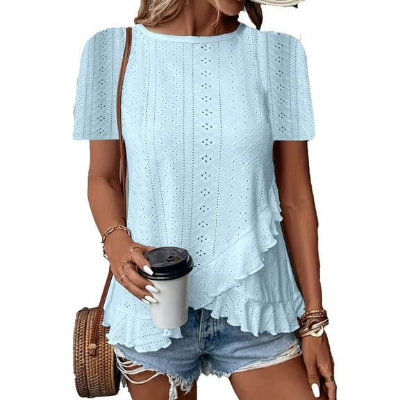 ZOELNIC Women's Ruffle Hem Tunic Tops Summer Short Sleeve Loose T-Shirt Blouses