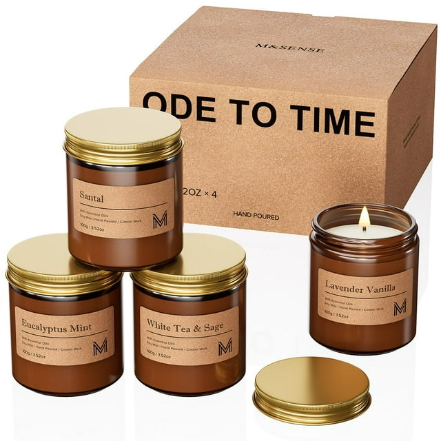 Set de regalo de velas aromáticas M&SENSE de Candles, paquete de 4 unidades, tarro de color ámbar