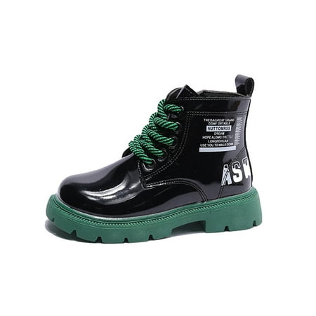 

SIMANLAN Girls Waterproof Winter Shoes Comfort Round Toe Ankle Boots School Lace Up Patent Leather Booties Black 12c