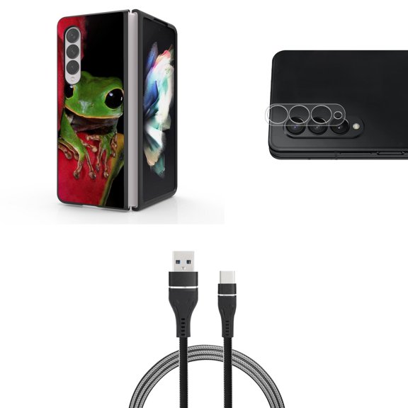 Accessory Bundle for Galaxy Z Fold 4: Slim Snap-On Case (Green Frog), Rear Camera Glass Protector, Nylon Braided USB-C to USB-A Cable (3 Feet)