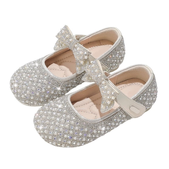 Hihipz Toddler Girls Mary Jane Shoes Bow Rhinestone Hook Loop Flat Princess Party Dress Shoes