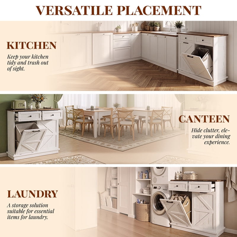 39''W Tilt Out Trash Can Storage Cabinet with 2 Drawers, Farmhouse Kitchen Island with Double 10-Gallon Trash Hidden Cabinet