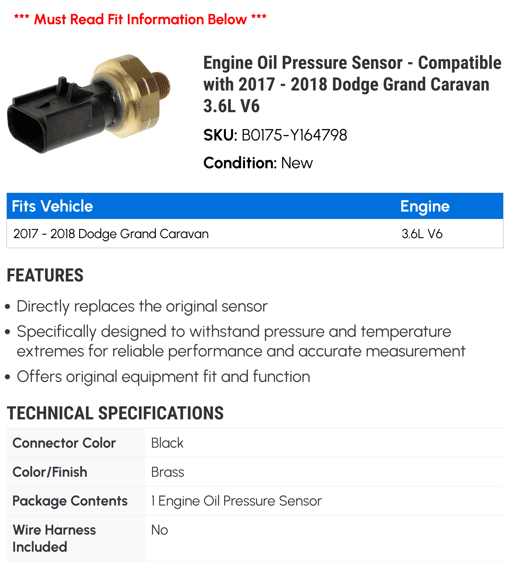 Engine Oil Pressure Sensor - Compatible with 2017 - 2018 Dodge Grand Caravan 3.6L V6 - Dorman
