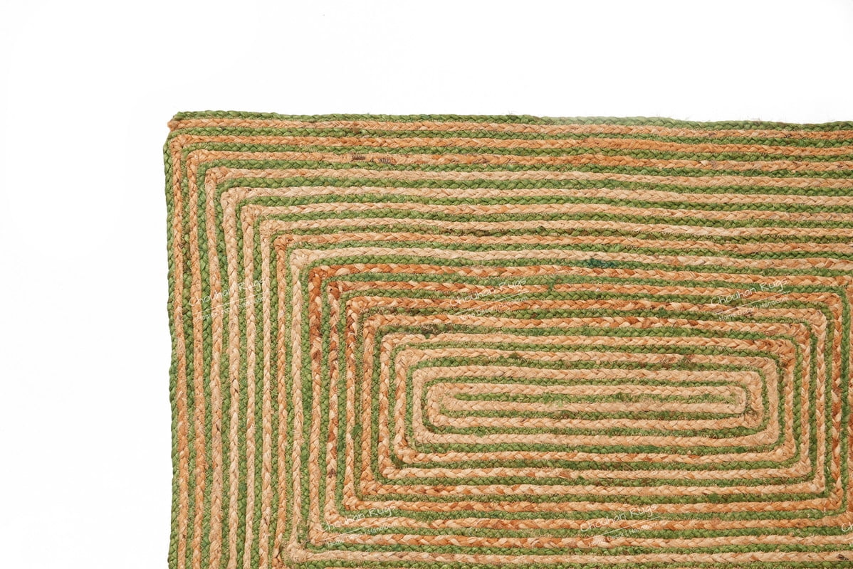 Rectangle Rug Natural Jute Rug Hand Braided Beige and Green Color Rounding Line Area Rug