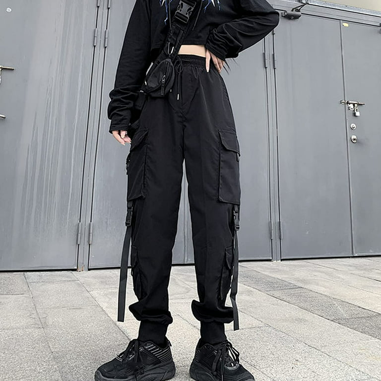 Kukuzhu Women's Techwear Pants Japanese Harajuku Cargo Pants Gothic Punk  Baggy Wide Leg Pants Multi-Pockets Cool Alt Emo Clothes 