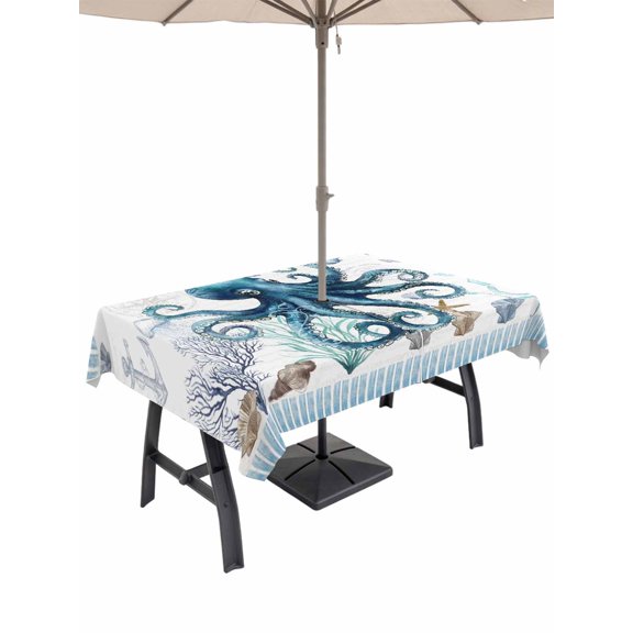 Outdoor Tablecloth with Umbrella Hole and Zipper, Coastal Octopus Rectangle Table Cloth 60x120 Inch Waterproof Tablecloth, Nautical Starfish Shell Jellyfish Anchor Picnic Table Cover for Patio