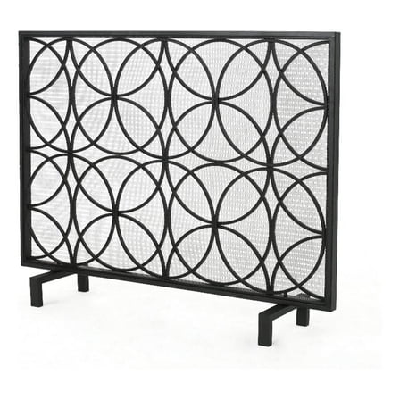 Benjara Fireplace Screen- Overlapping Circles w Mesh- 41x31 Matte Black Frame