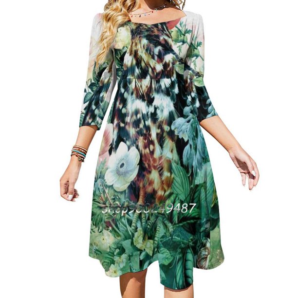 Pájaro en flores vestidos de fiesta de noche vestido midi sexy vestido femenino dulce de una pieza collage de flores de pájaros de vida silvestre coreana
