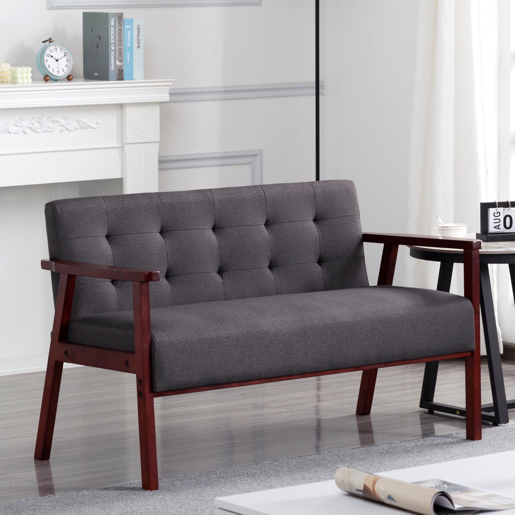 Gewnee Cedar Wood Loveseat, Dark Grey Linen Upholstery, Tufted Back, 300LBS per Seat, Non-Slip Pads, for Living Room, Home Office, Den