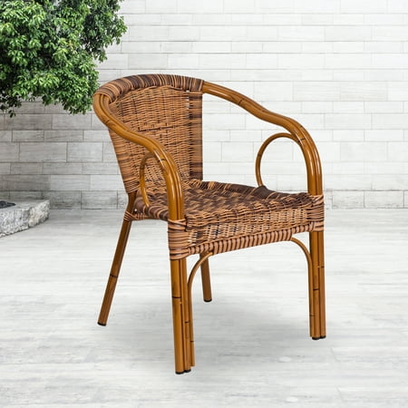 Flash Furniture Burning Brown Rattan Restaurant Patio Chair with Dark Red Bamboo-Aluminum Frame