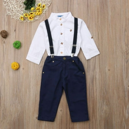 

Fashion Toddler Kid Baby Boy Long Sleeve White Top+Suspender Trouser Outfits Set