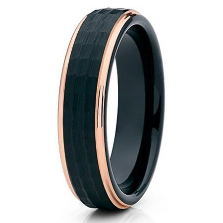 Silly Kings Tungsten Wedding Band Brushed Black Hammered Tungsten Wedding Band Brushed Black Hammered Ring 18k Rose Gold Edge 6mm Comfort Fit