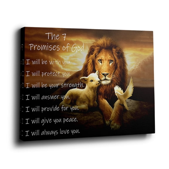 7 Promises of God Lion & Lamb Canvas Wall Art (Spiritual Comfort Tone) Ready to Hang for Bedroom