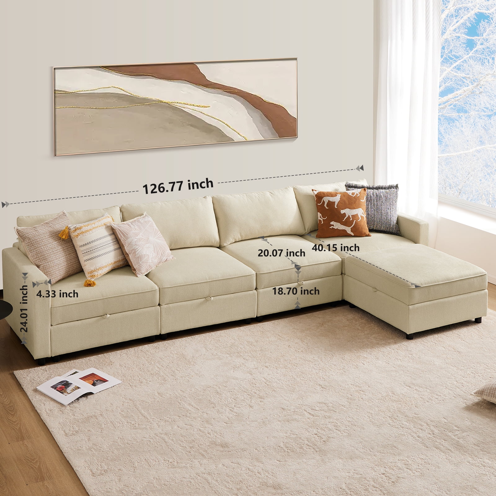 GIANNA Modern Sectional Sofa with 5 Seats 6 Backs, L-Shaped Sofa Set with Storage for Living Room, Beige