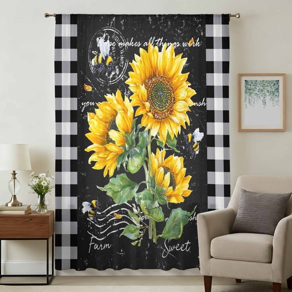 Yellow Sunflower Sheer Curtains 72 Inches Long, Black Farm Oil Painting Retro Art Light Filering Curtains, Breathable Simi Curtain Privacy Drapes for Living Room Bedroom Lightweight Window Treatment